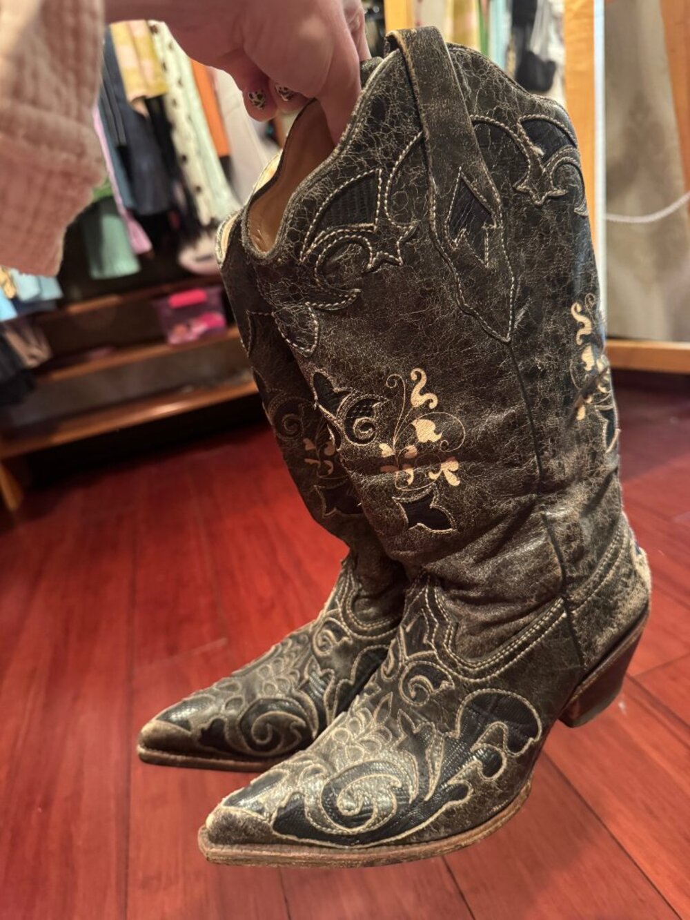 Corral Black Crackle Lizard Inlay Fleur de Lis Cowboy Boots Snip Toe Women's 6